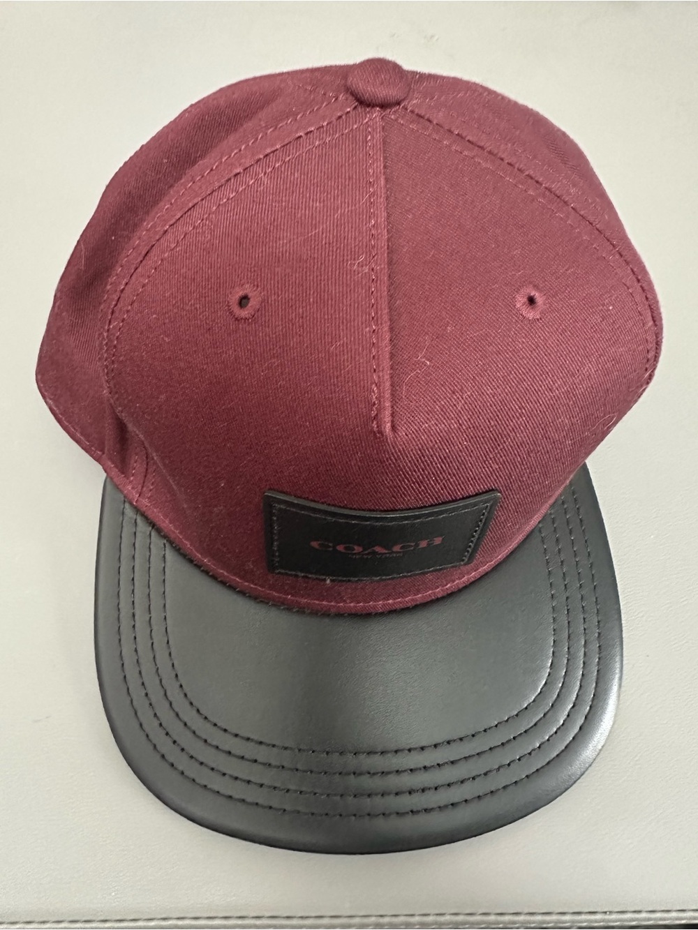 Coach Men's Maroon Cap with Black Leather Visor